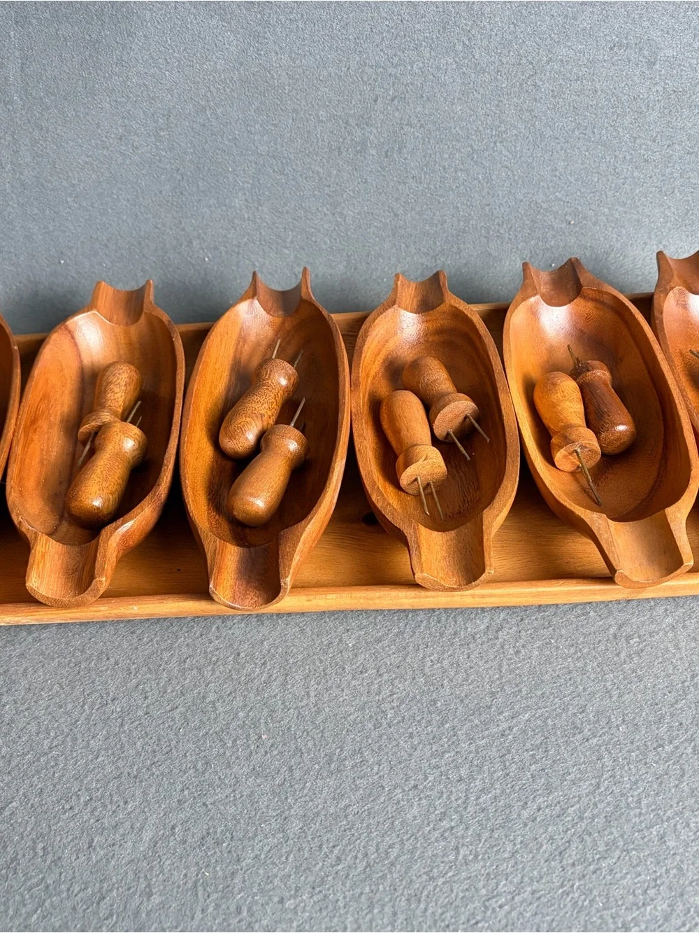Vintage 70s Wooden Corn on The Cob Holders Complete Set Of 6 Teakwood Monkey Pod